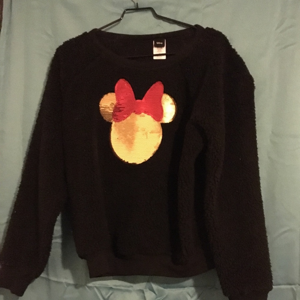fluffy black sweater,  Mickey Mouse on the front